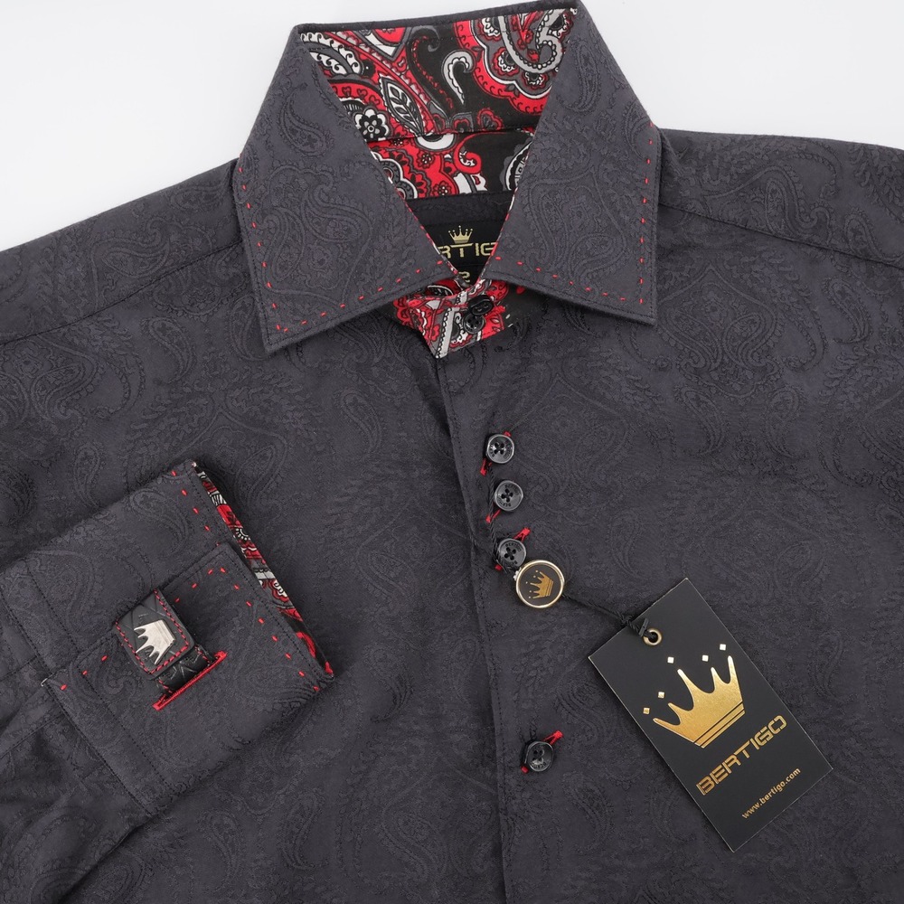 NEW Bertigo Jacquard Button Down Shirt Black Long Sleeve Mens Small
